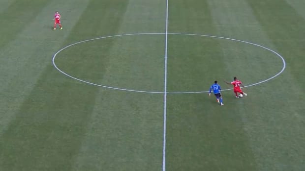 Kellyn Acosta pictured (right) moments before he scored from his own half for Chicago Fire against Montreal in March 2024